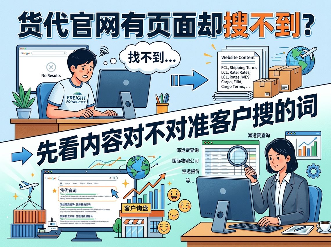 货代官网有页面却搜不到？先别急着投钱做SEO——先看你的内容对不对准客户在搜的词